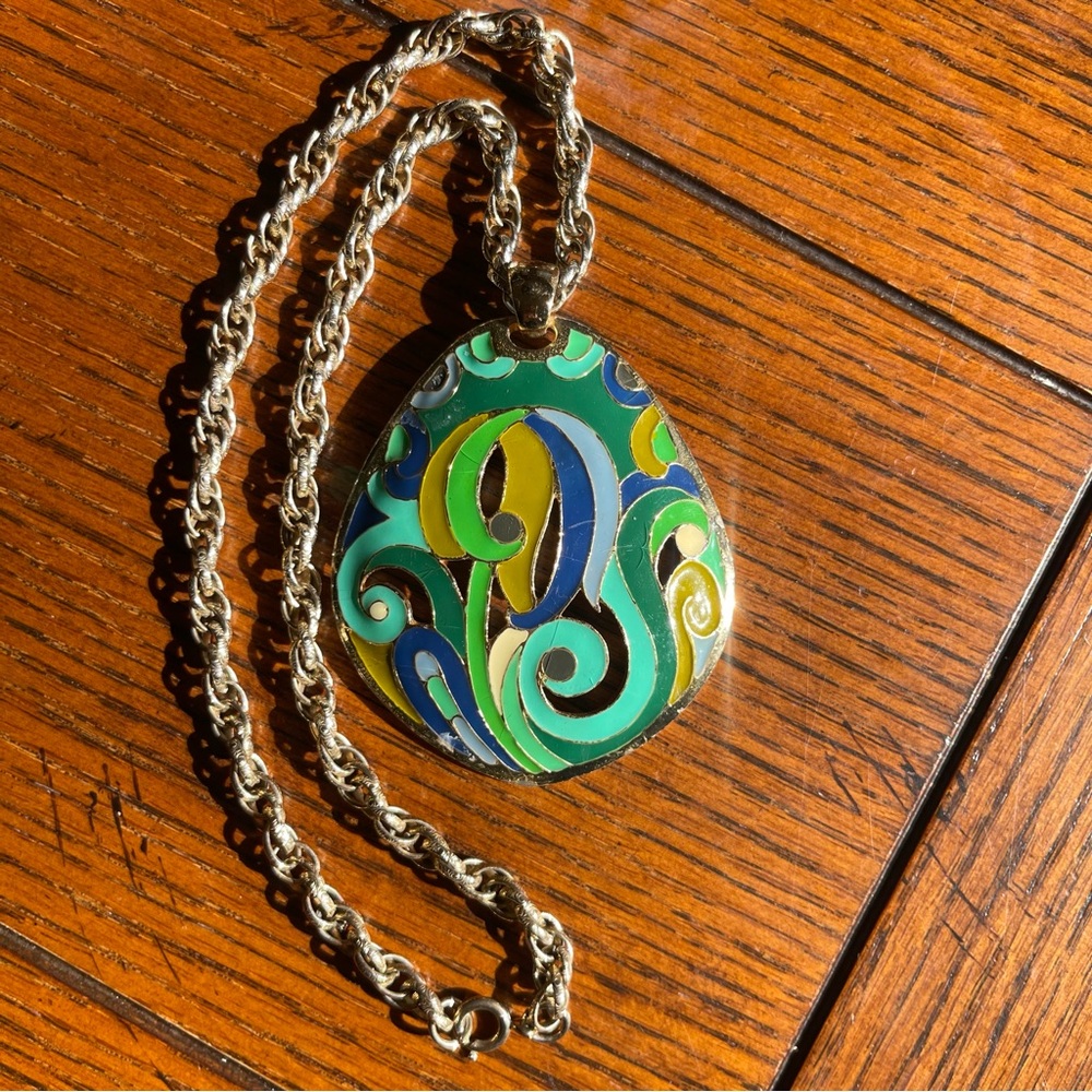 Vintage Signed Eisenberg Artist Series Enamel Pendant with Rope Style Necklace